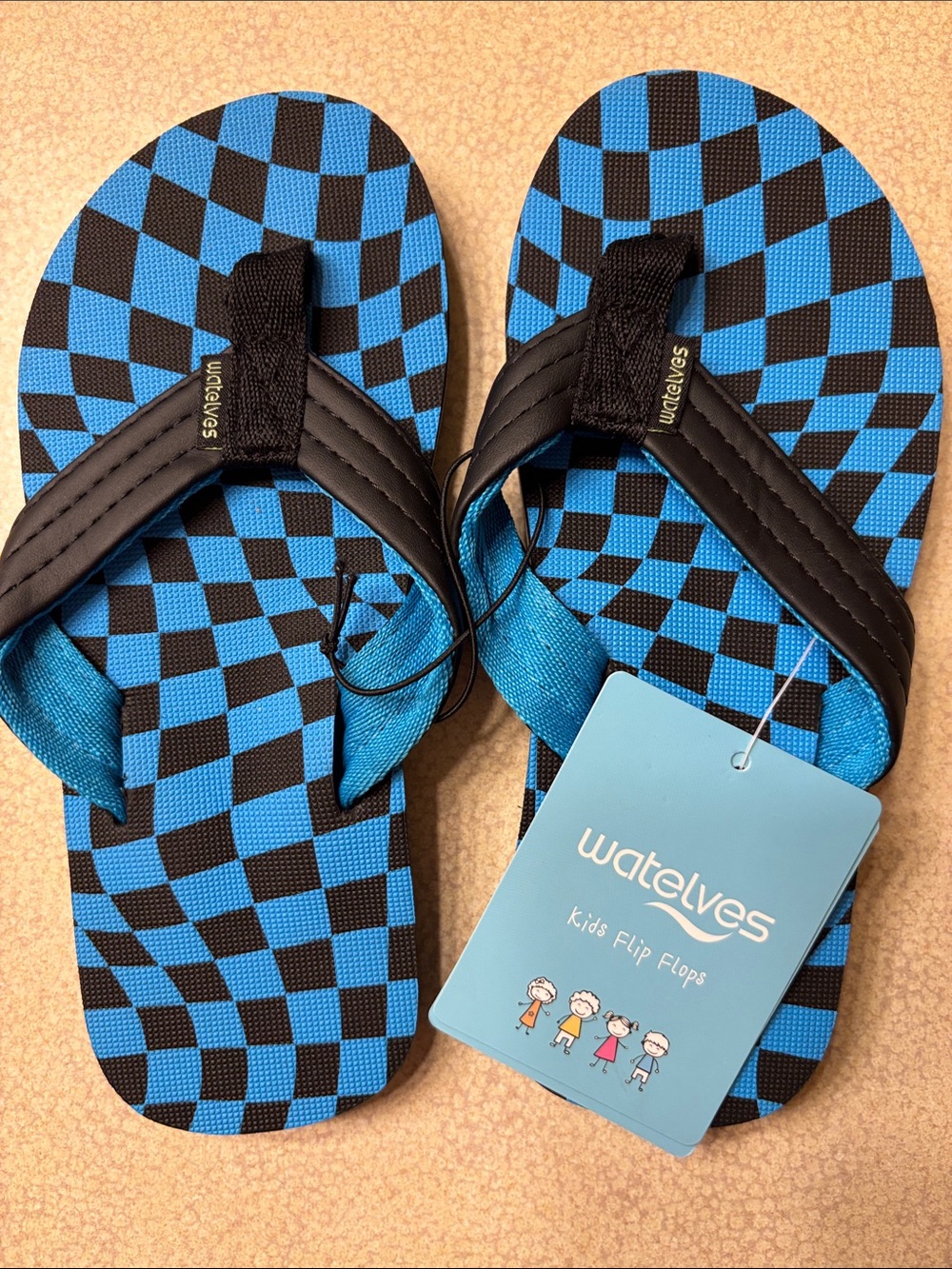 Kids Blue & Black Checkered Flip Flops EU 32 US 1-1.5